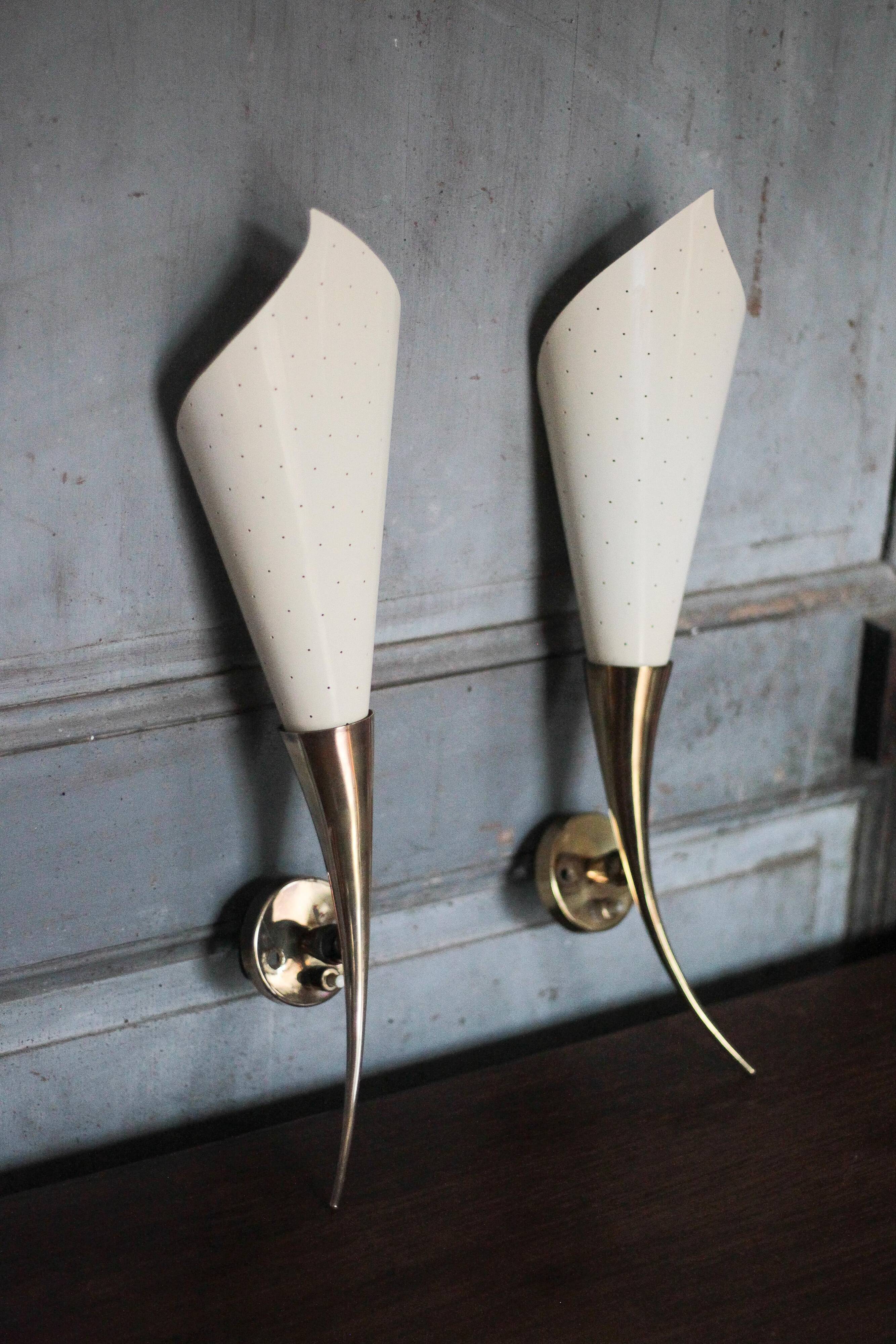 Pair of brass and perforated metal wall lights, wall sconce, decorative