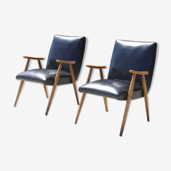 Paire de fauteuils scandinave en hêtre massif & skaï, 1950s