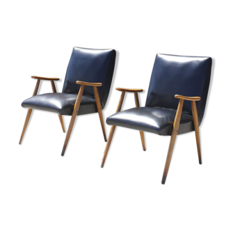 Pair of Scandinavian armchairs in solid beech & skaï, 1950s