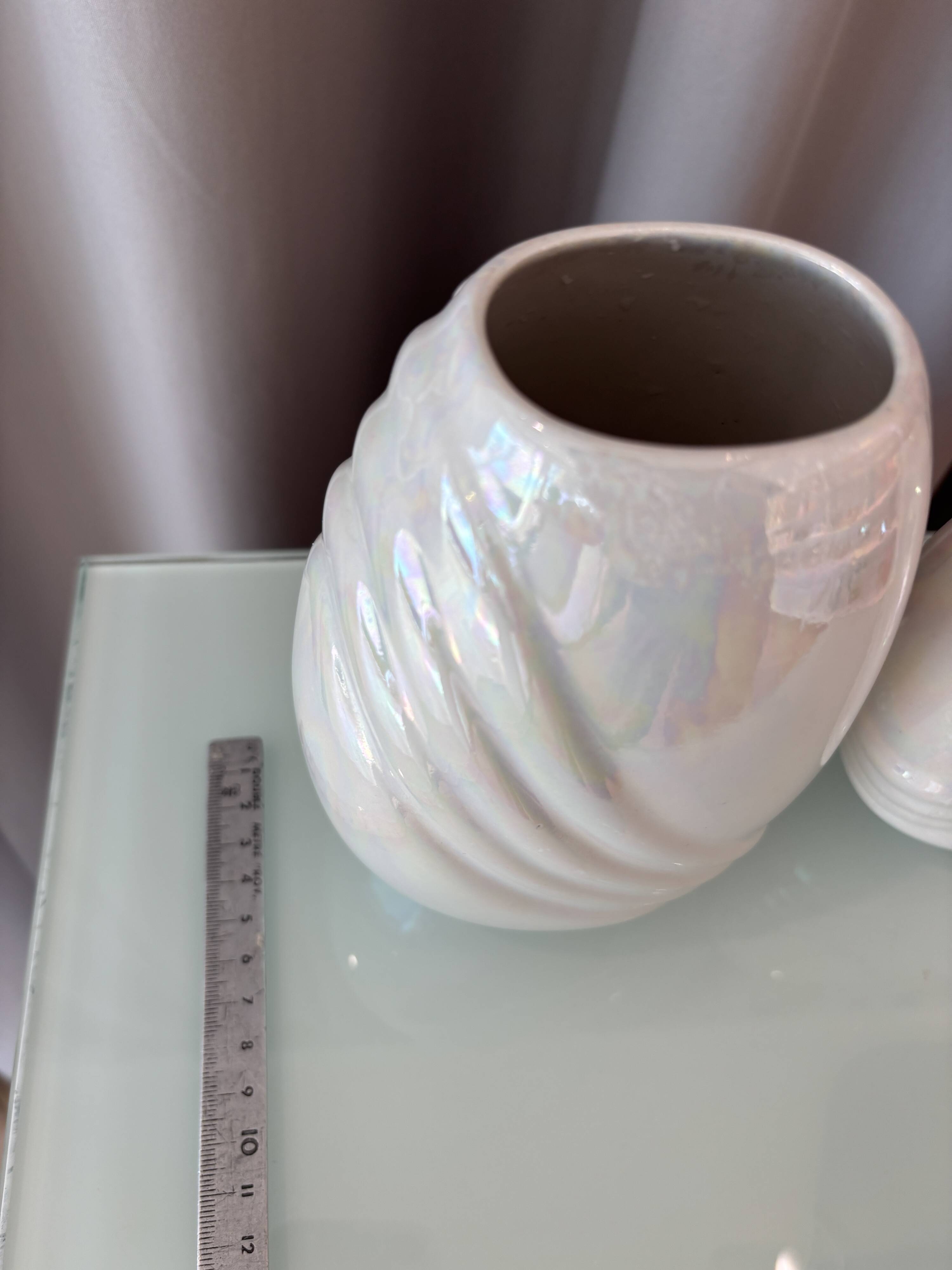 Pair of vintage iridescent white ceramic vases