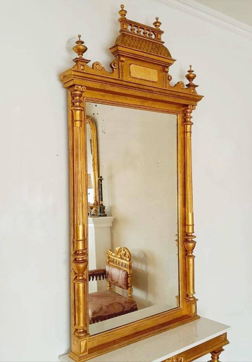 Table console victorienne en bois doré avec miroir et plateau en marbre, Autriche 1880s