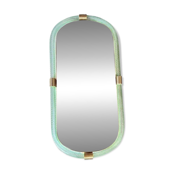 Italian Mirror in Green Water Torchon Torciglione Murano Glass by Simoeng