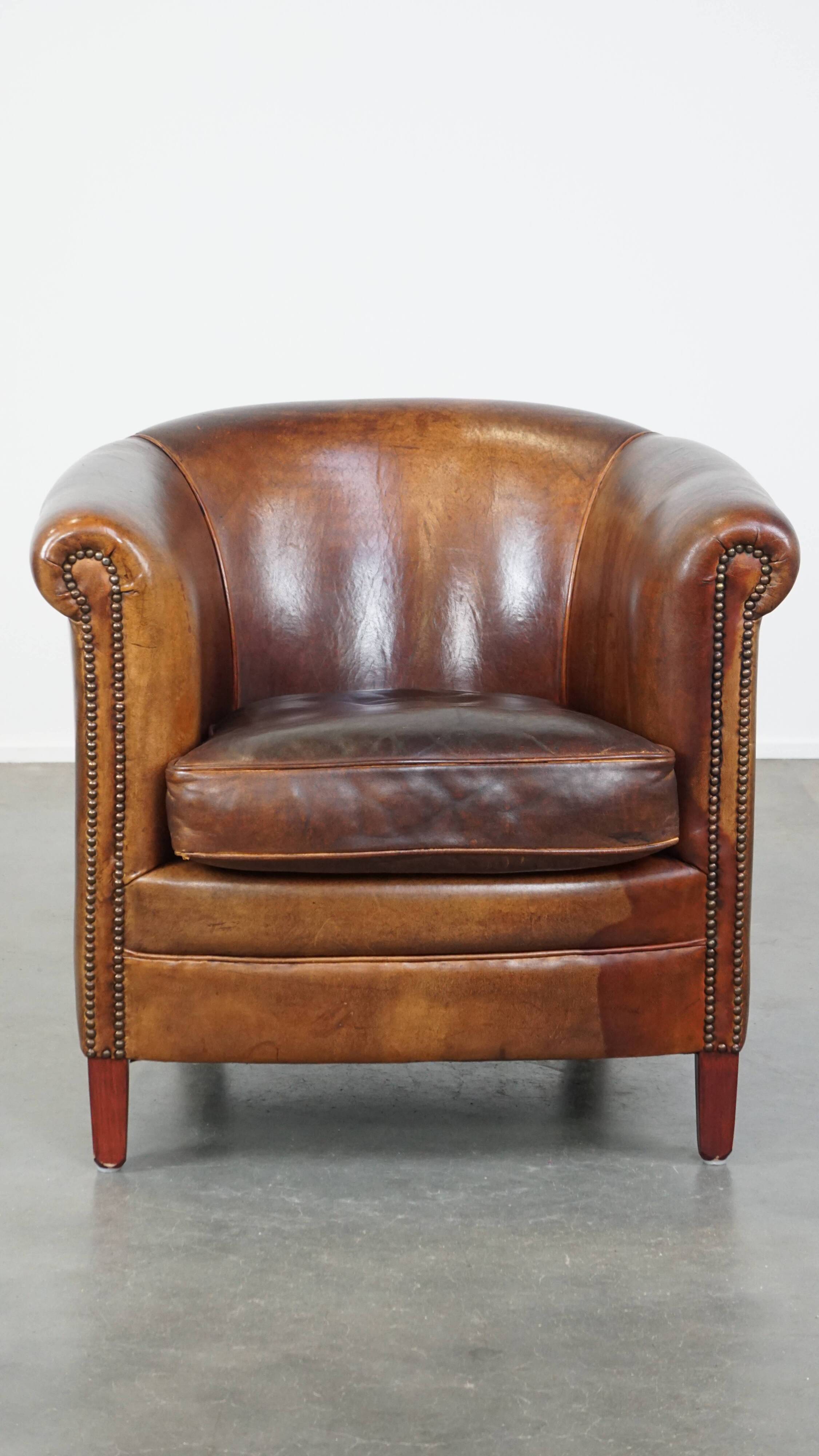 Cognac-Colored Sheepskin Leather Club Armchair
