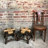 Set of 2 stools in wood and woven straw vintage 1960