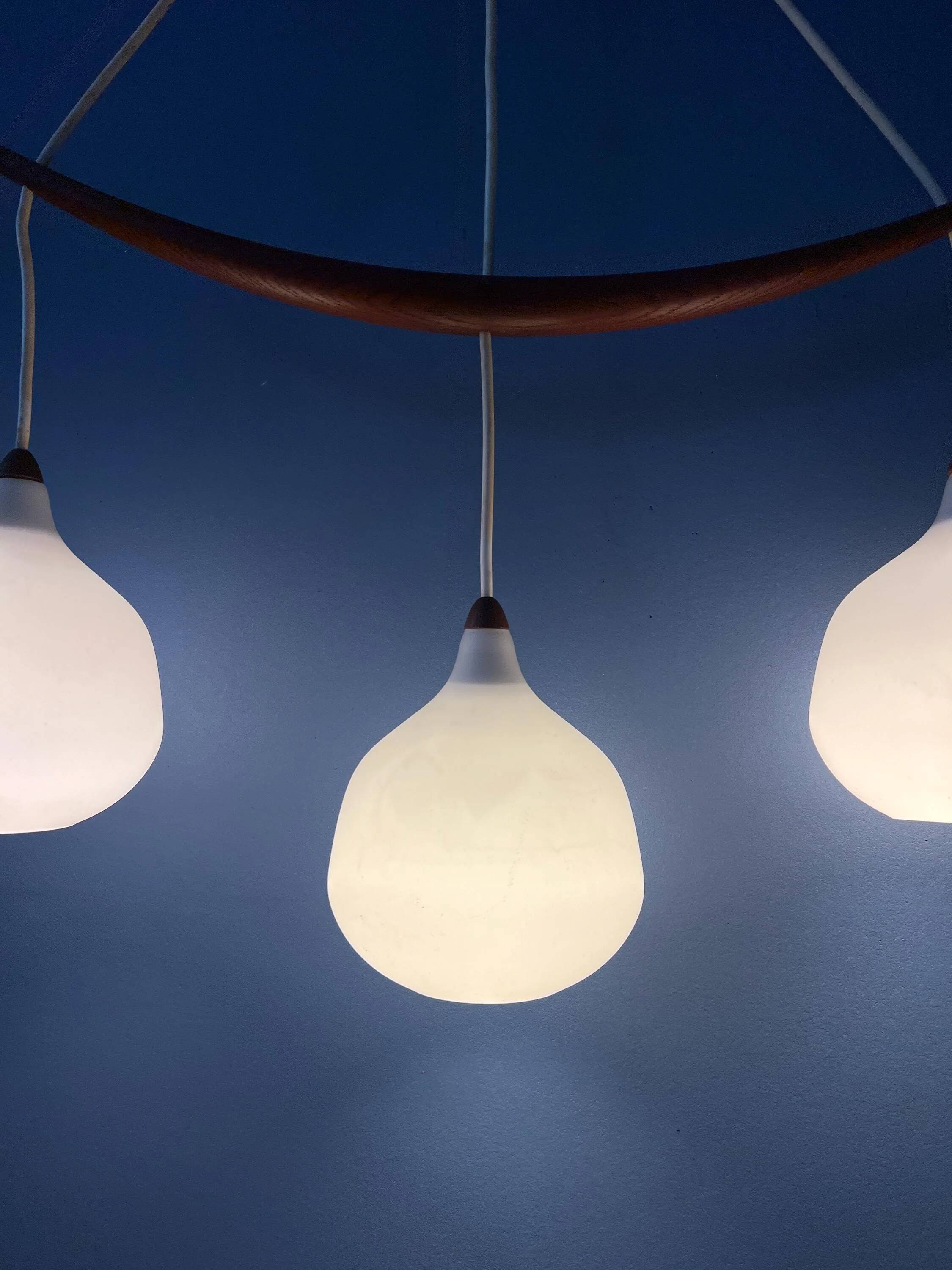 Teak wood and opaline glass chandelier 512 by Uno & Östen Kristiansson for Luxus, Sweden