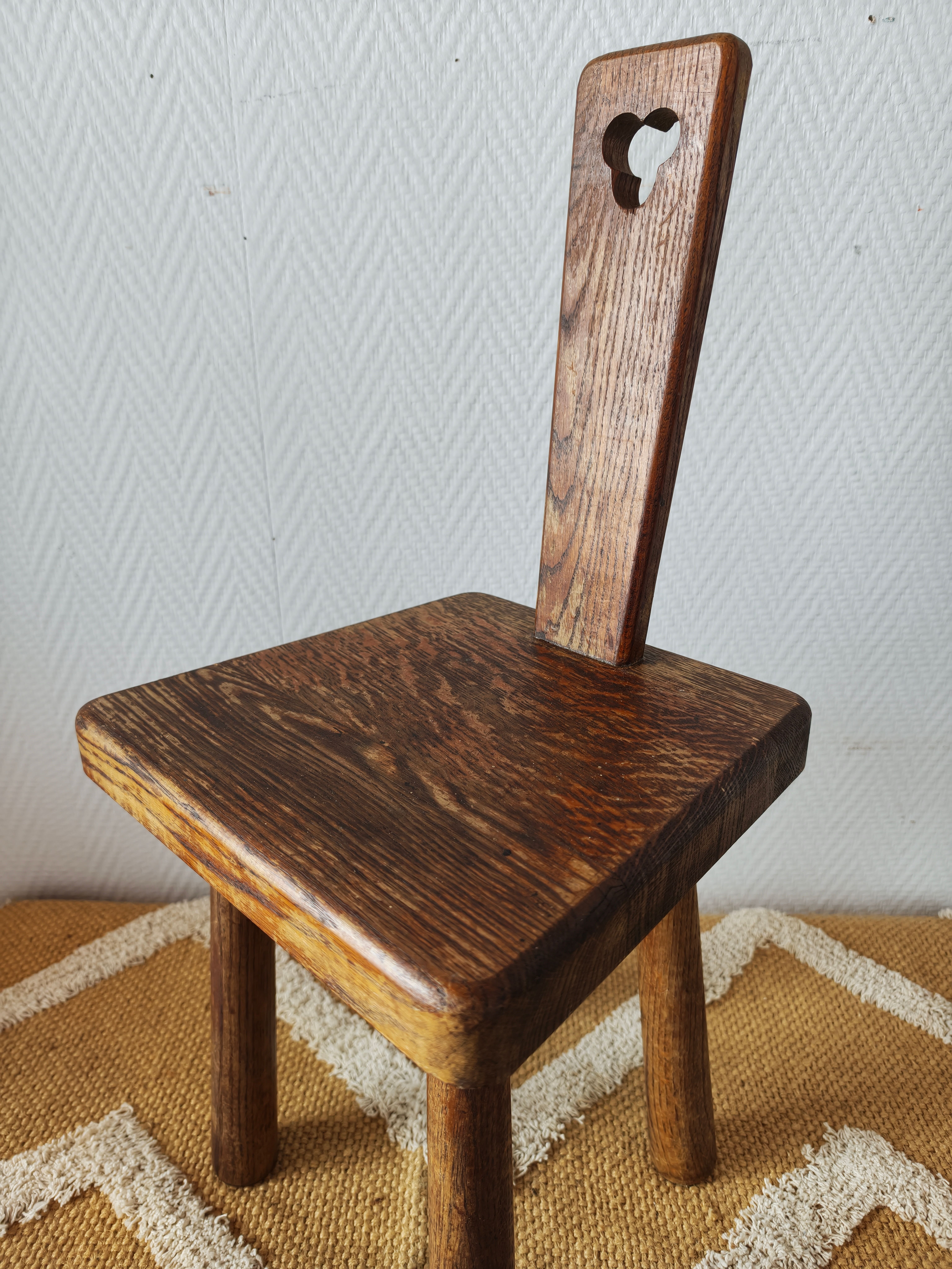 Brutalist stool with backrest in solid oak, origin Netherlands