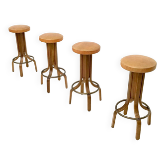 Four Postmodern Camel Color Leather & Walnut Plywood Revolving Stools, Italy