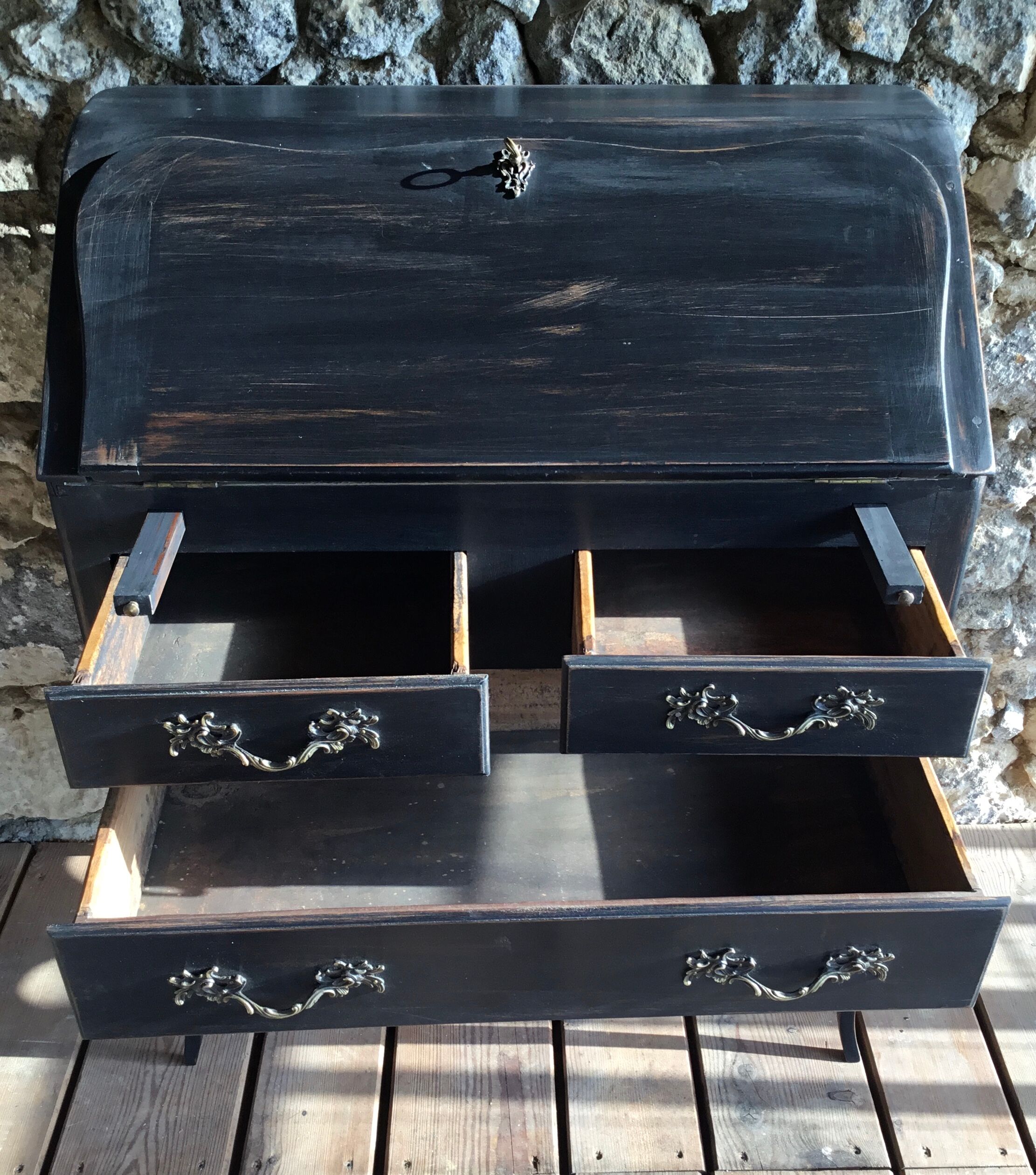 Louis XV style scriaban lacquered black and beige inside