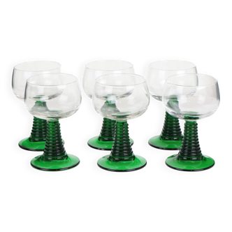 Set of 6 Vintage Luminarc Roemer Wine Glasses Green Ribbed Base