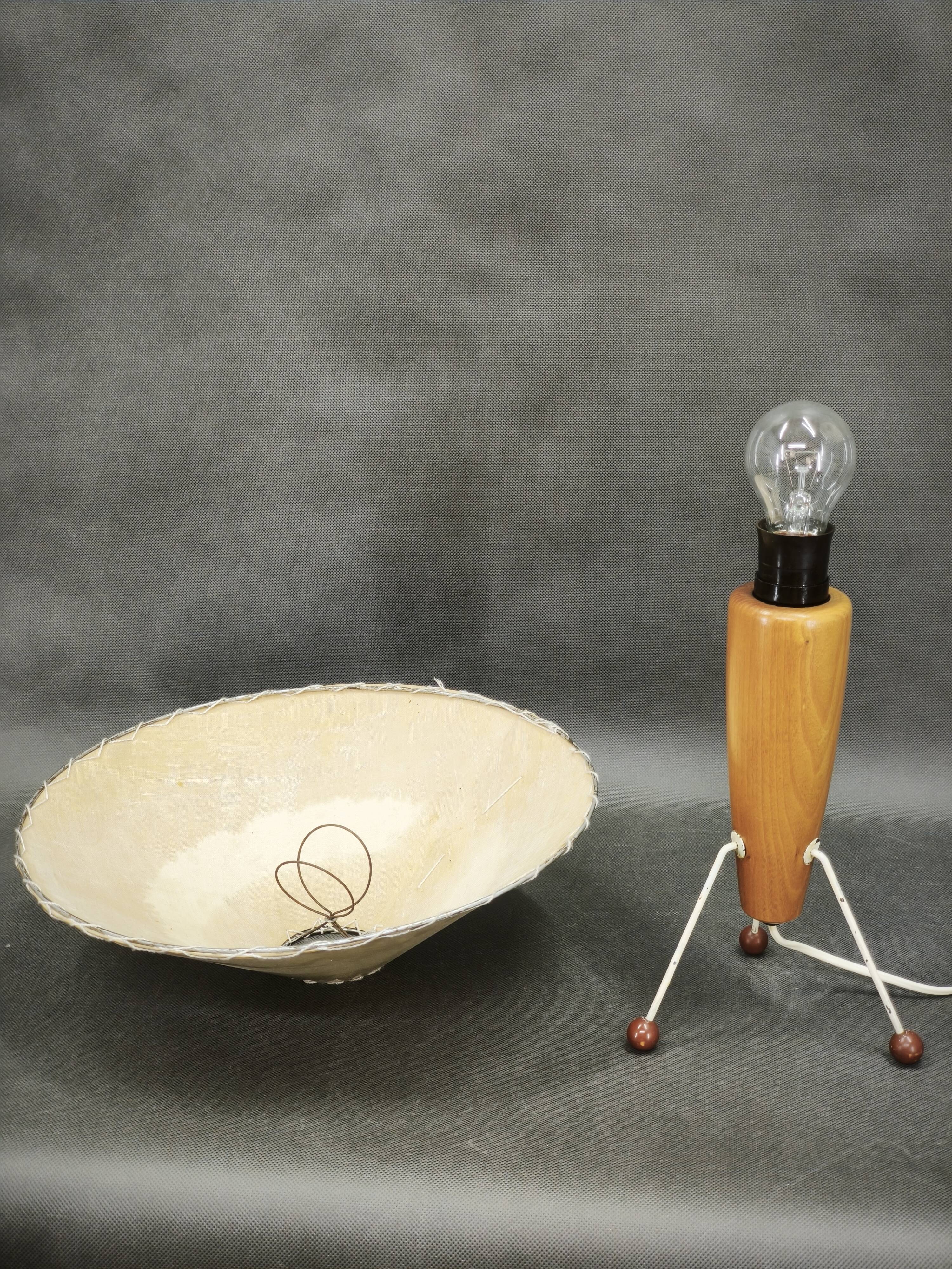 1960s Space Age Tripod Wood Table Lamp with Original Shade, Czechoslovakia