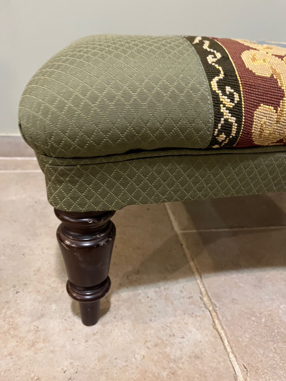 Vintage upholstered footstool, floral decor in Aubusson style.