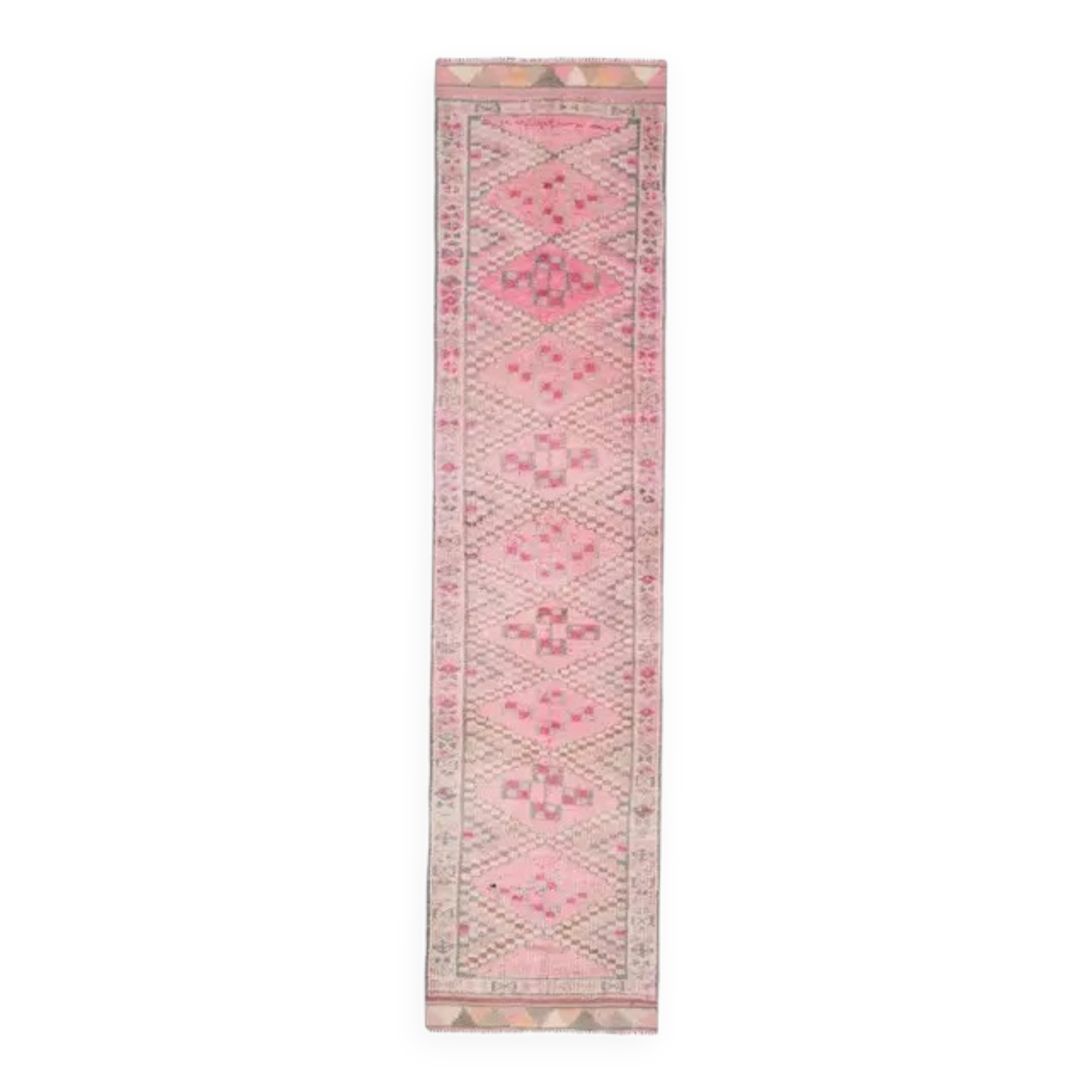 Vintage Turkish Oushak handmade wool cotton pink runner rug 82x346