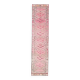 Tapis couloir vintage turc Oushak fait à la main en laine et coton rose 82x346
