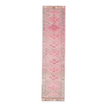 Vintage Turkish Oushak handmade wool cotton pink runner rug 82x346