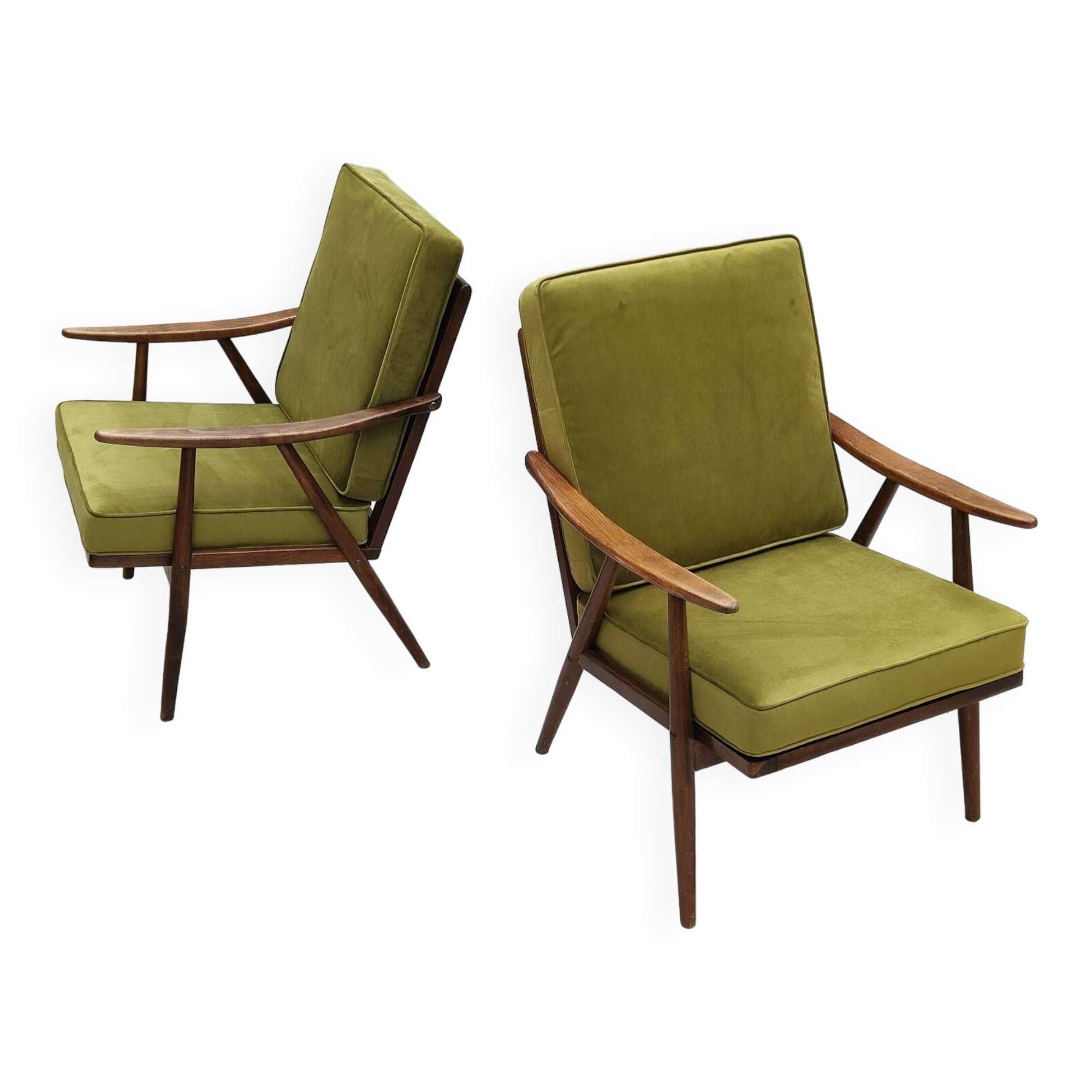 Pair of green velvet boomerang armchairs by Antonin Suman for Ton Bystrice "Thonet"