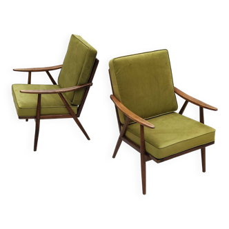 Pair of green velvet boomerang armchairs by Antonin Suman for Ton Bystrice "Thonet"