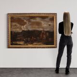 Grand tableau de paysage italien avec personnages du XVIIIe siècle