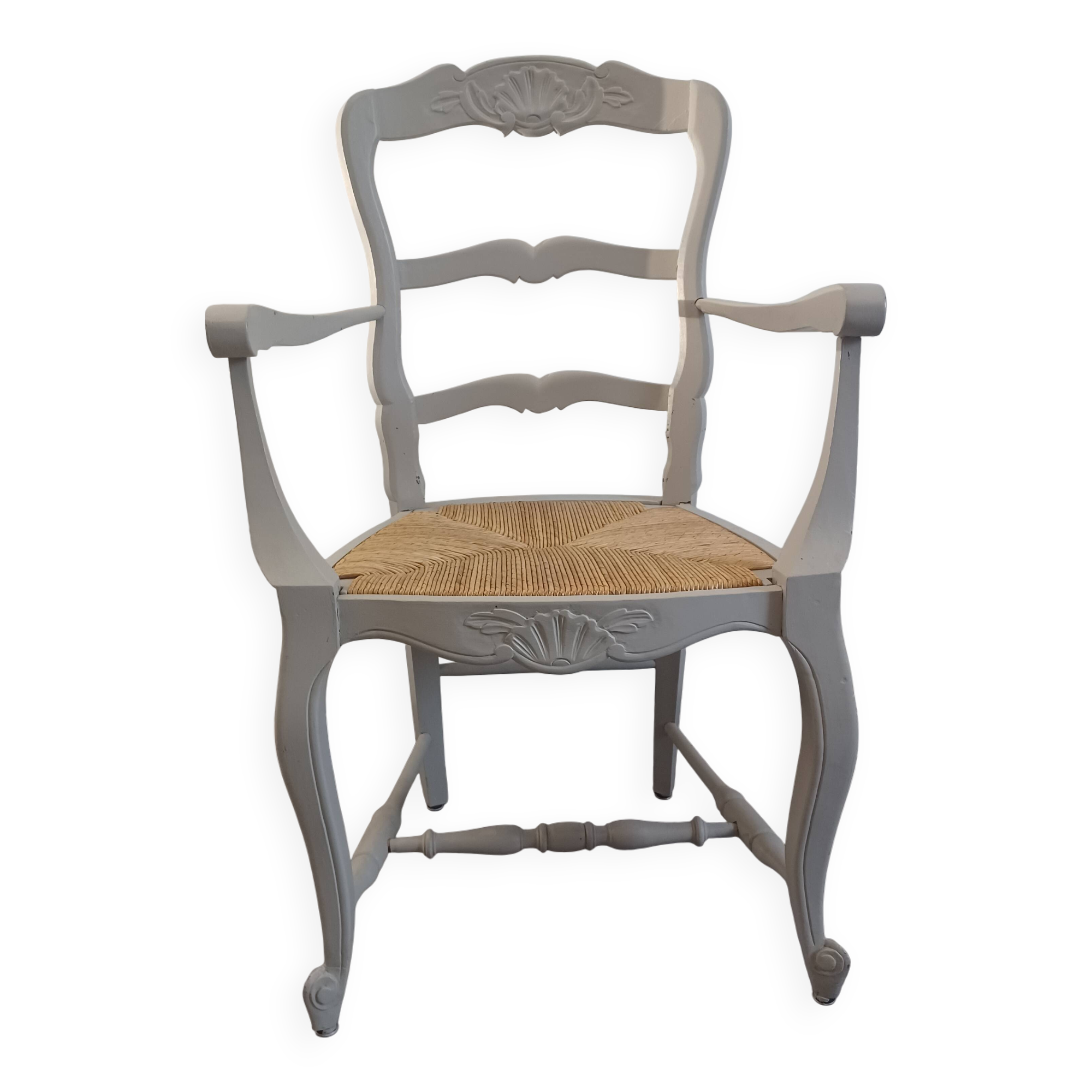 Armchair in painted wood, grey, with straw seat