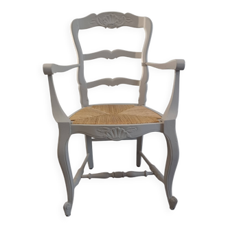 Fauteuil bois peint gris assise paille