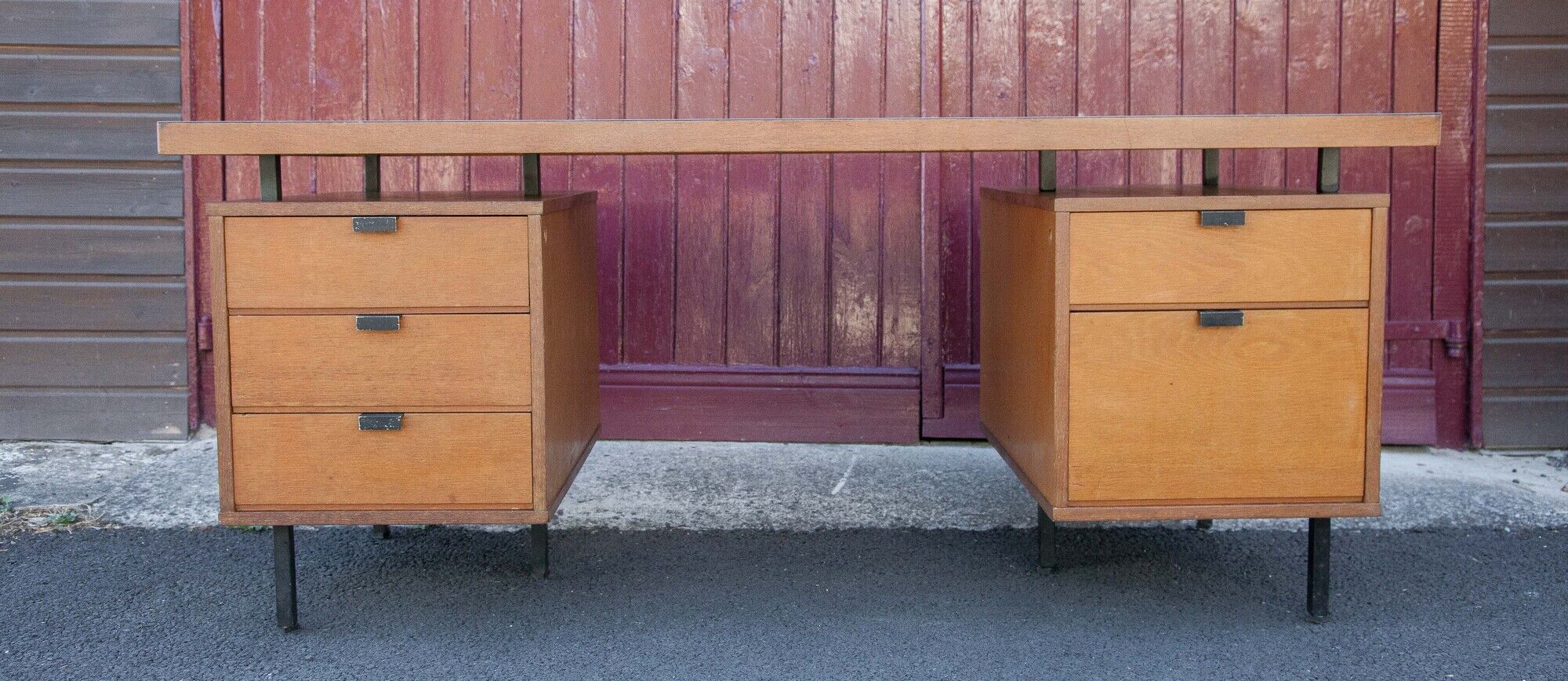 Wood desk and black metal structure with melamine top, Charron Edition, large office 2 boxes