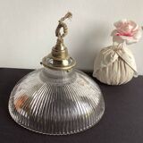 Vintage striped glass holophane pendant light
