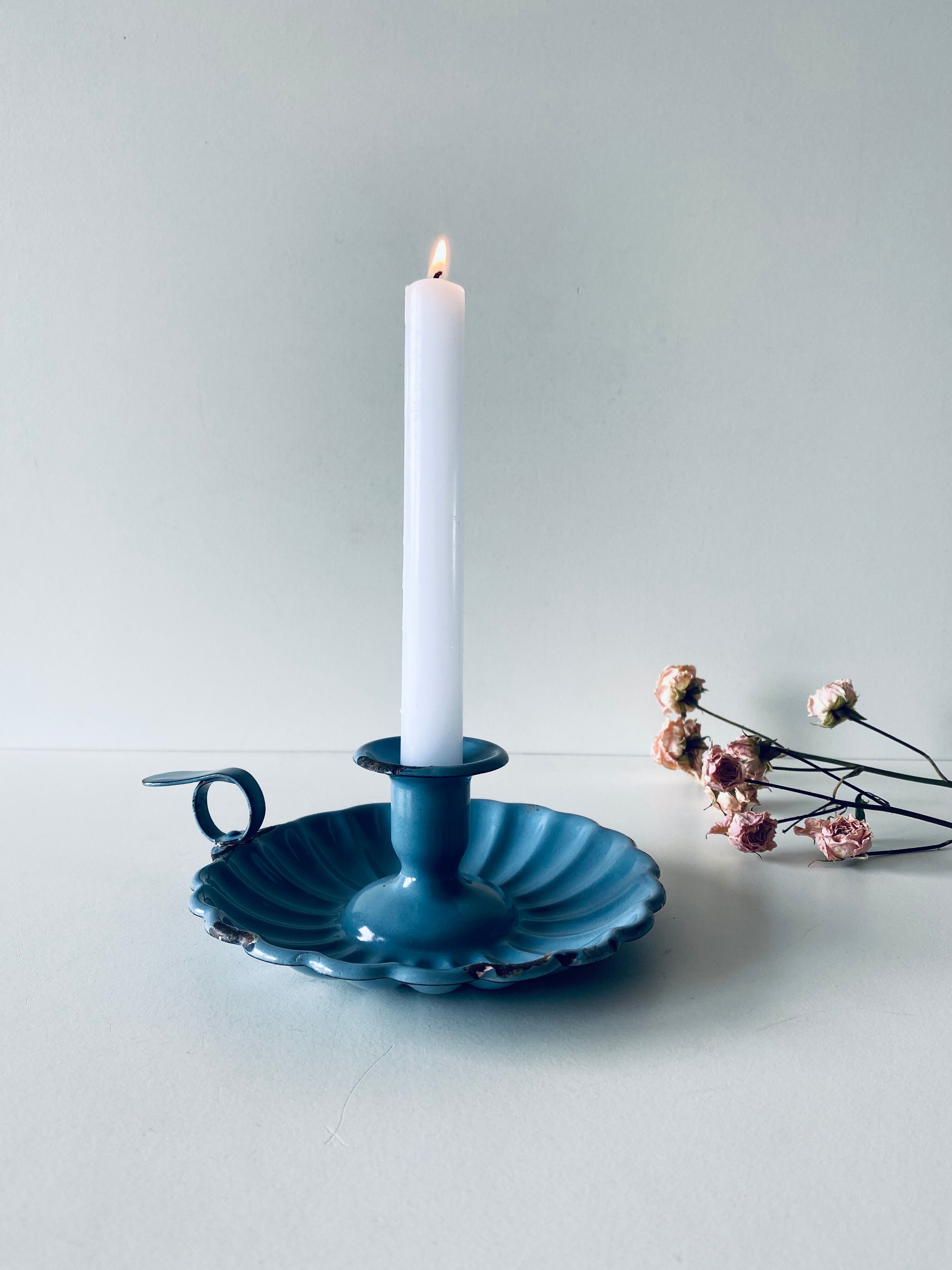 Old lavender blue enamelled candlestick