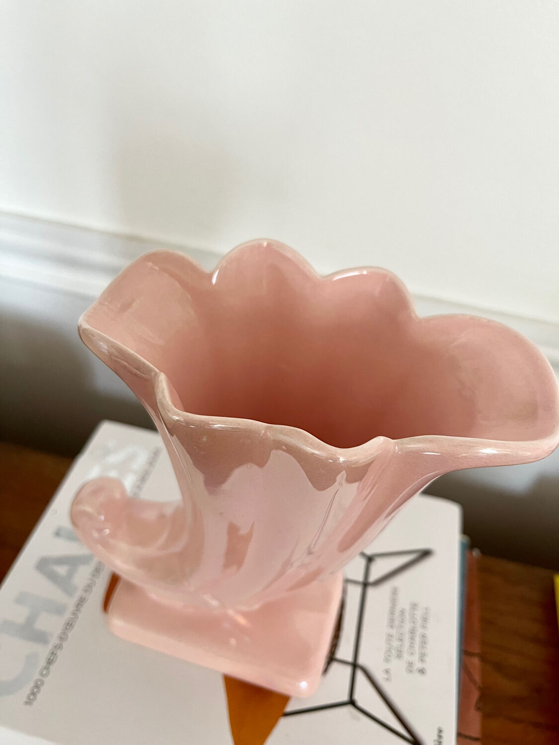 Duo of vintage iridescent ceramic vases