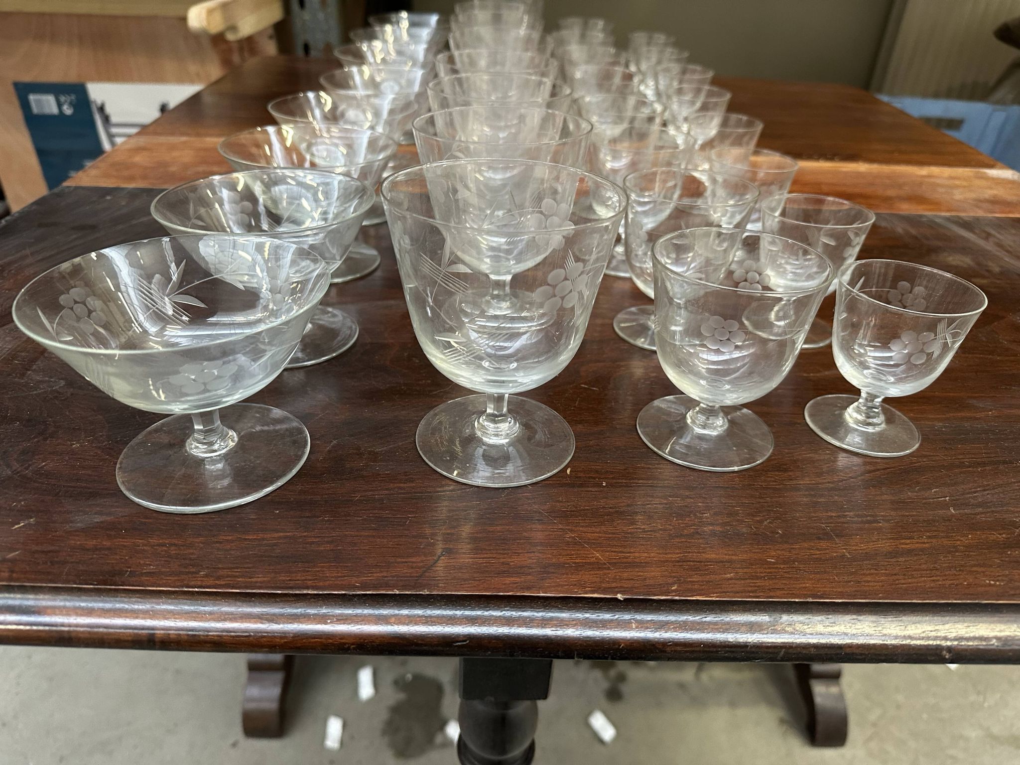 Art Nouveau Set of 32 Crystal Glasses - Engraved and Frosted Floral Pattern