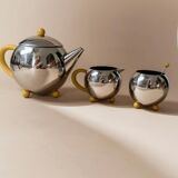 Space Age Vintage 1980s Stainless Steel Tea and Coffee Set with Yellow Accents Teapot Creamer and Sugar Bowl