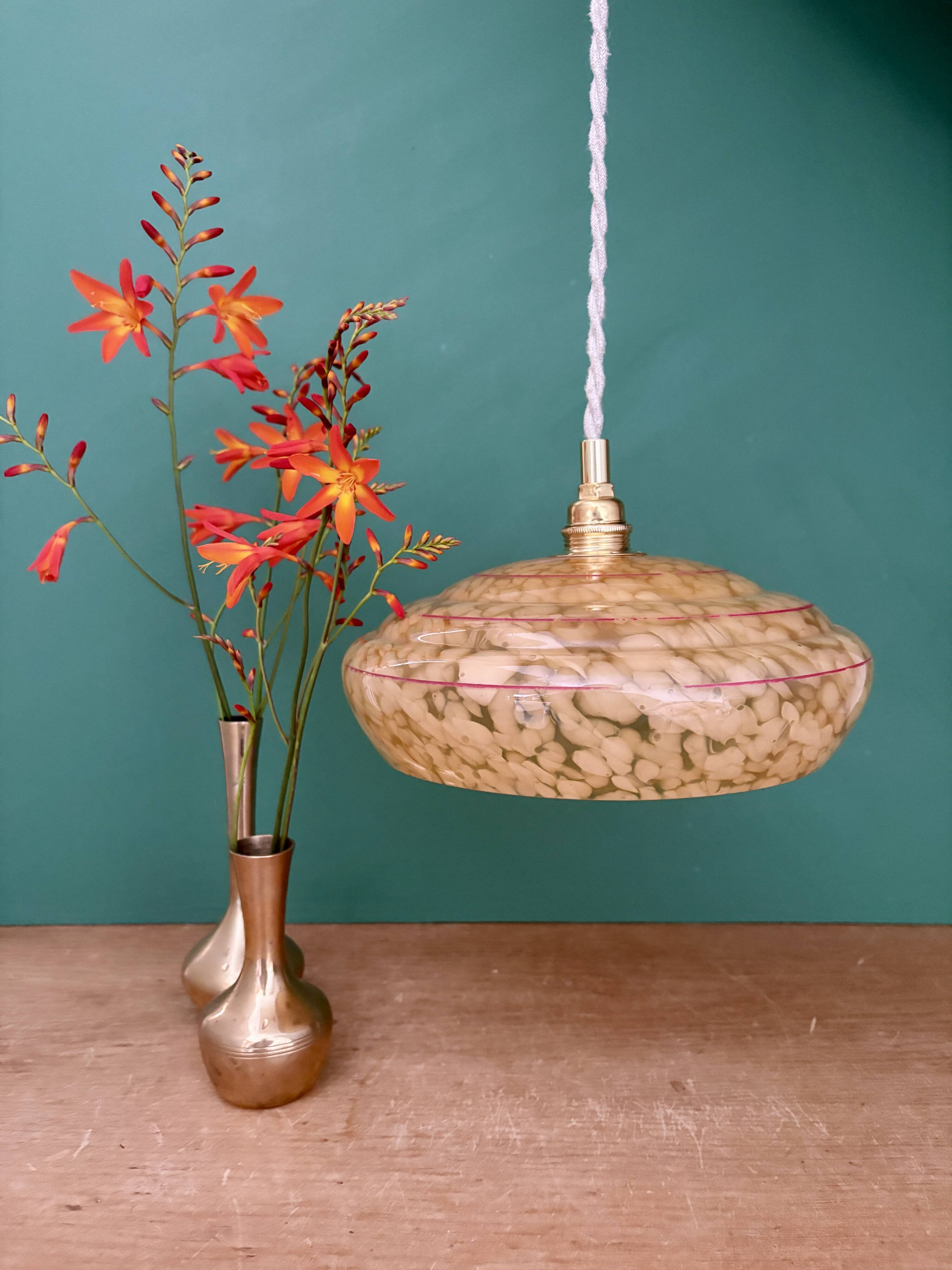 Vintage pendant lamp shade in yellow Clichy glass with red trim