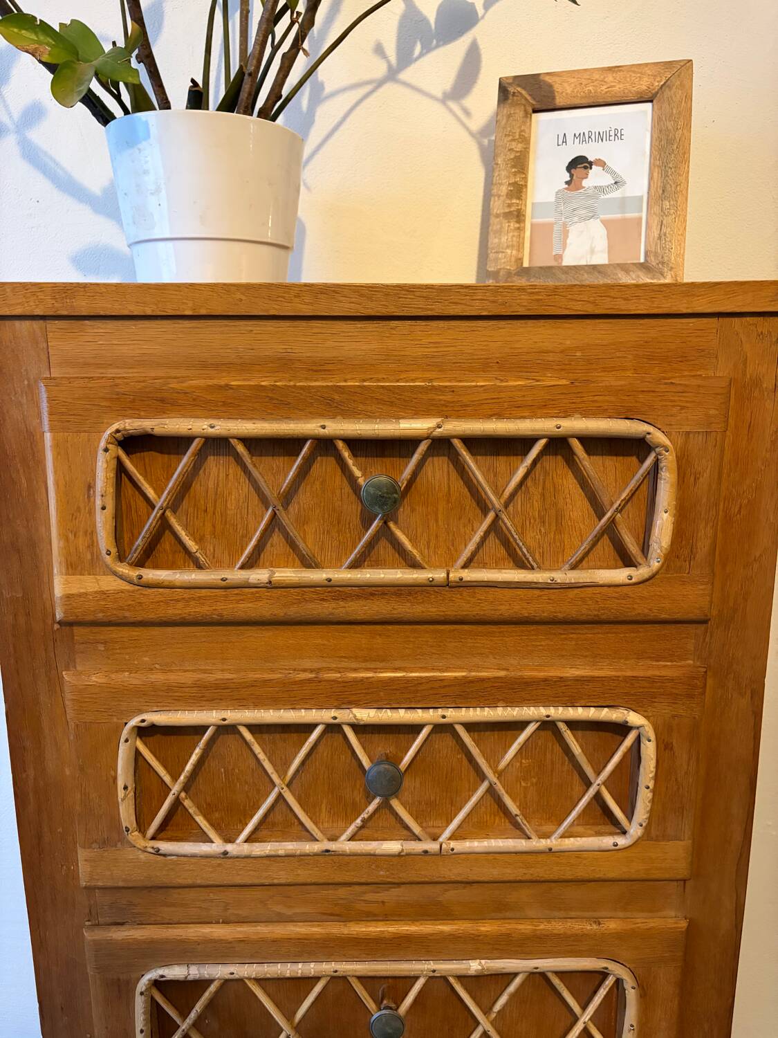 Vintage oak and rattan chest of drawers