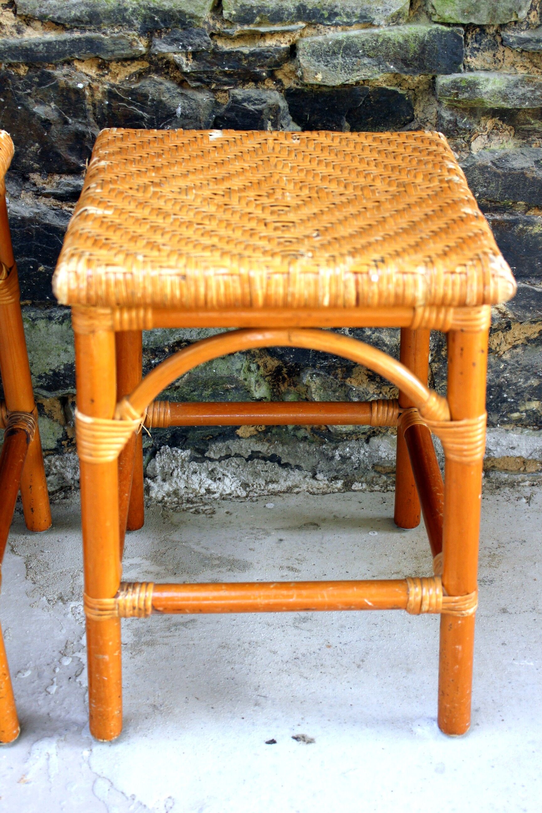 Rattan and wicker stool, vintage bedside table year 70