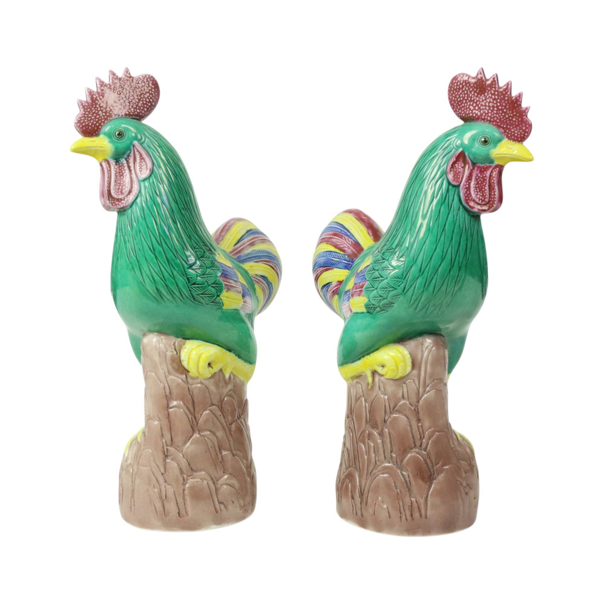 Pair of Glazed Polychrome Roosters Chinese Porcelain 34cm