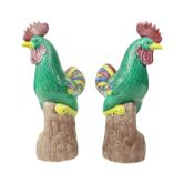 Pair of Glazed Polychrome Roosters Chinese Porcelain 34cm