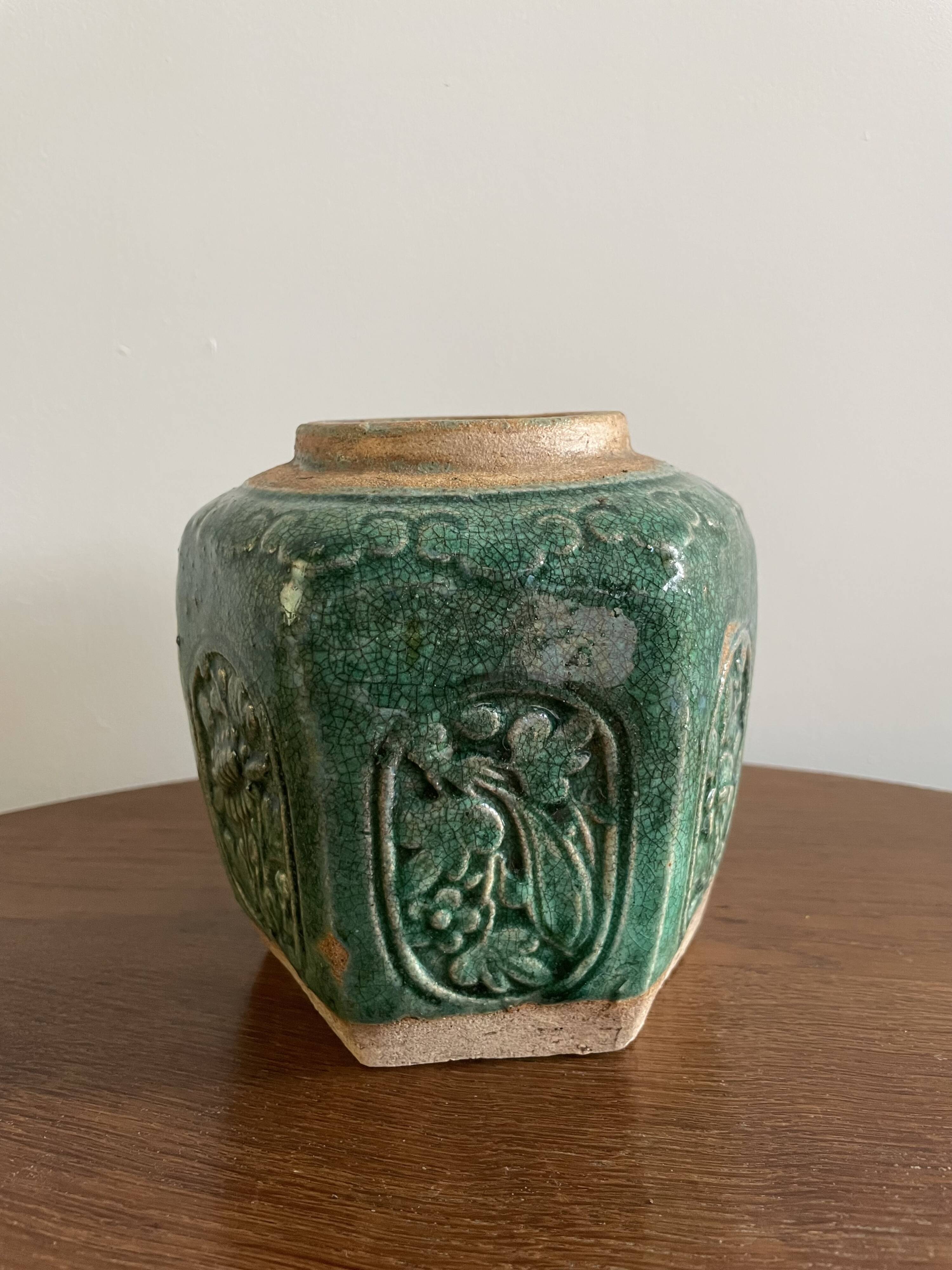 Deep green and light blue glazed hexagonal Shiwan ware ginger jar (collection of six jars, different sizes, floral designs)