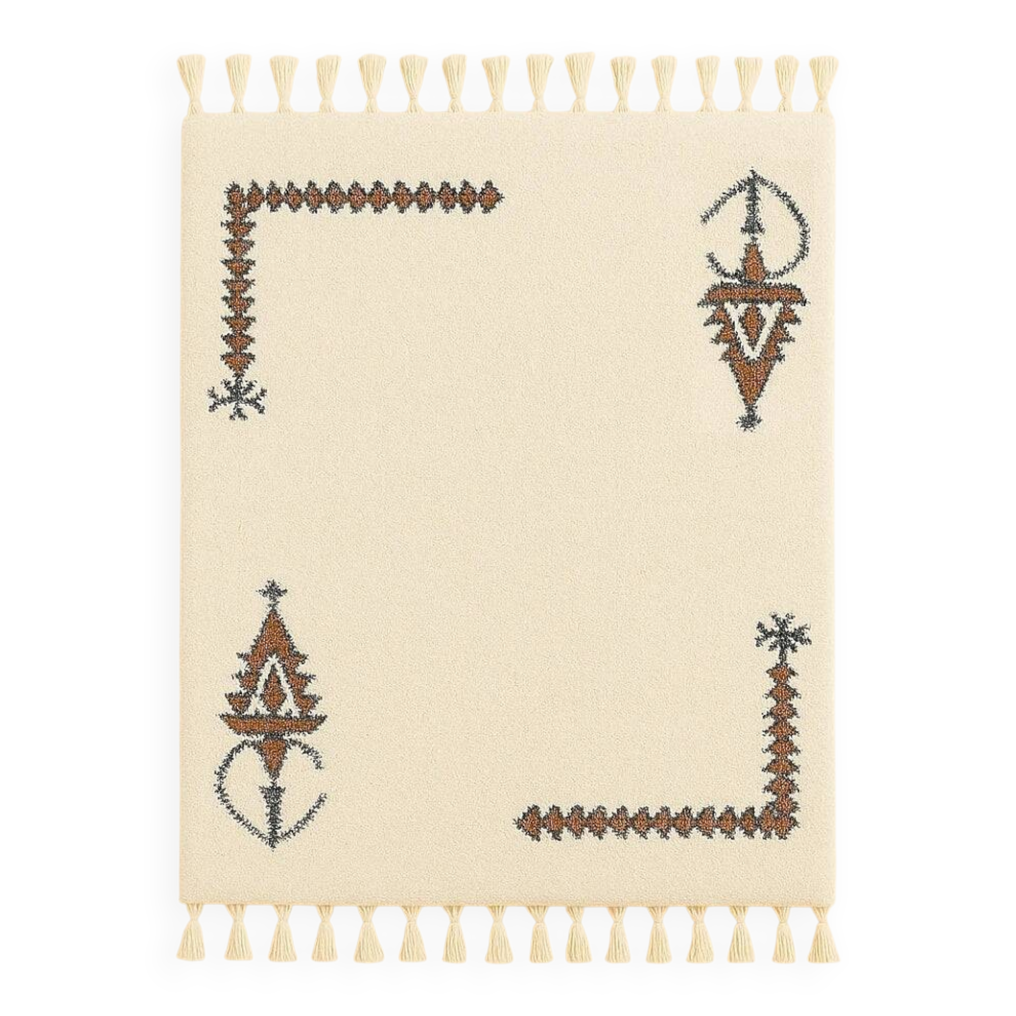 Ecru Berber rug with symbolic corner patterns.