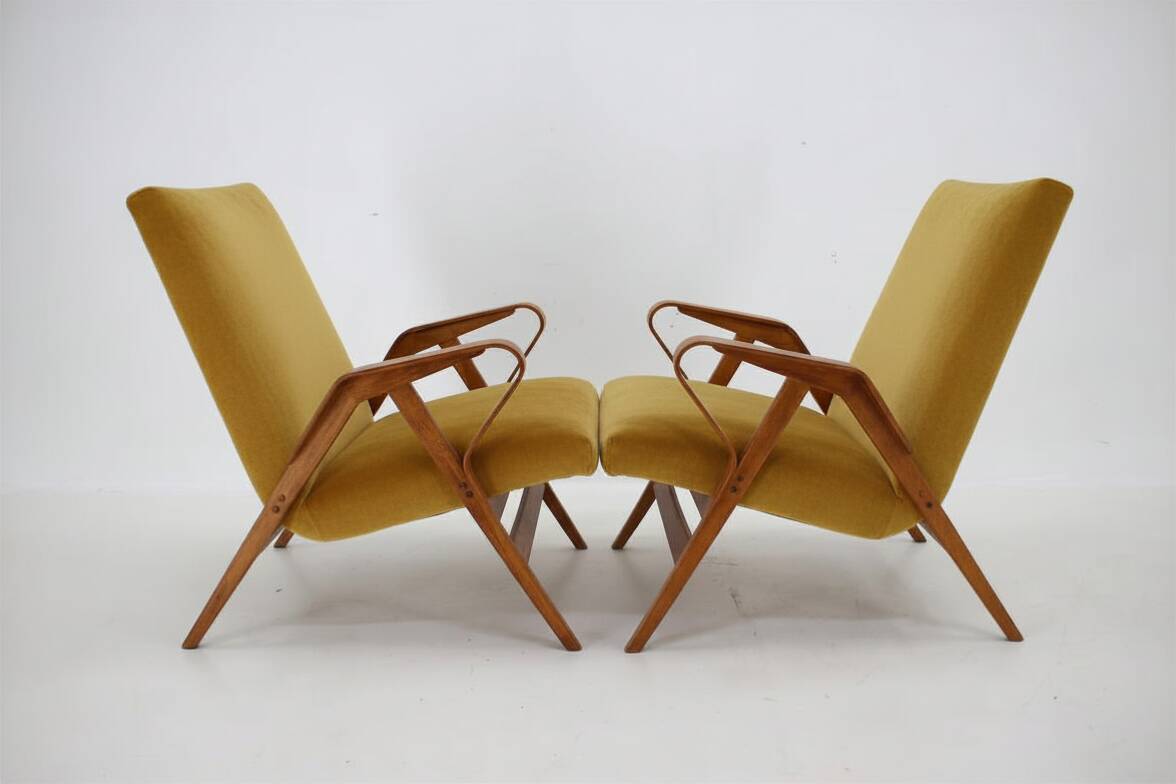 Mid-century armchairs, wooden frame & upholstered, František Jirák, 1960s–70s, Czechoslovakia