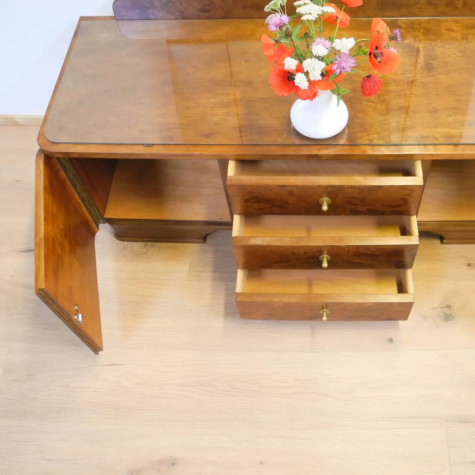 Mirror chest of drawers with swivelling mirrors, flamed birch stained, 50s
