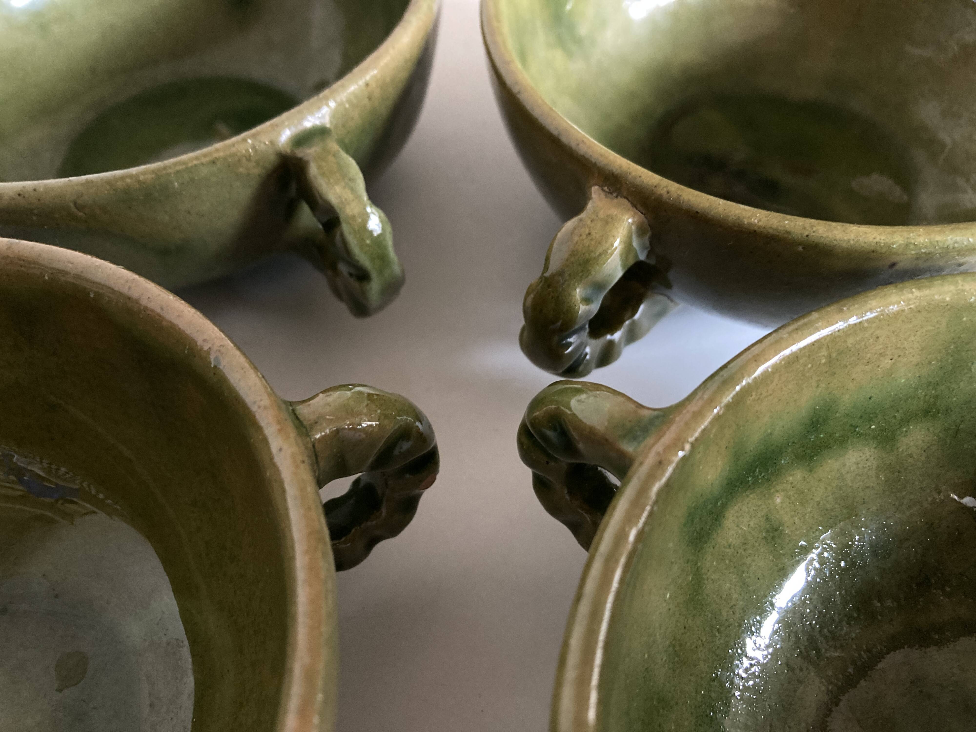 Set of 4 green bowls with handles in Biot glazed earthenware, 1960
