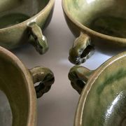 4 green glazed earthenware bowls with handles from Biot, 1960