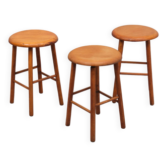 Three authentic wooden stools 1950s Holland