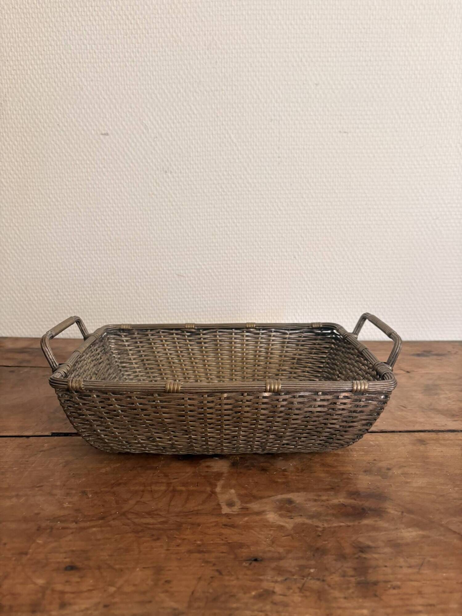 Vintage 1950s silver metal braided fruit basket