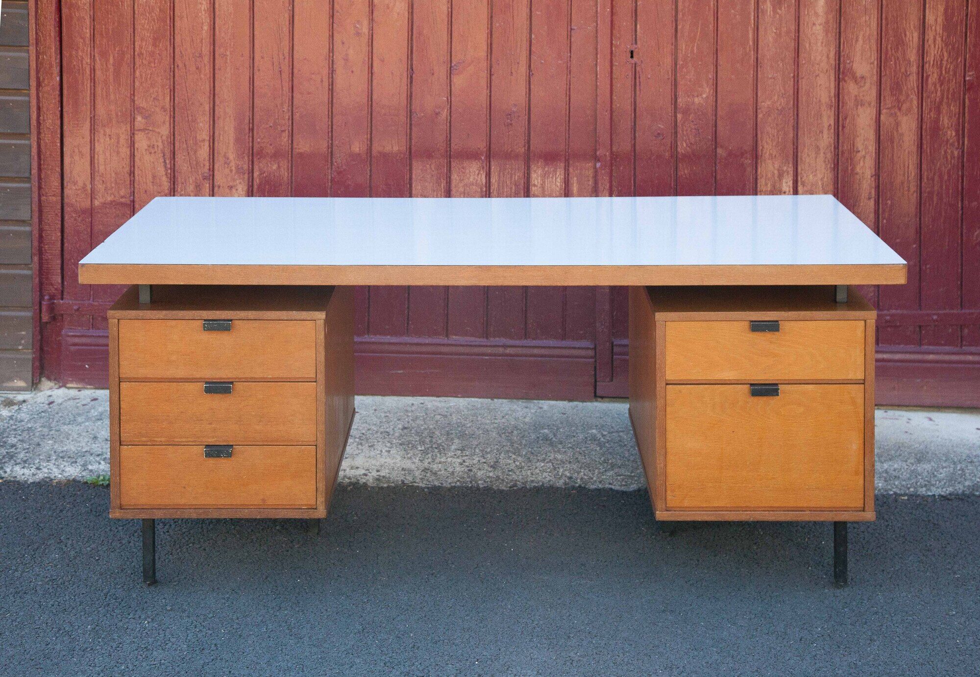 Wood desk and black metal structure with melamine top, Charron Edition, large office 2 boxes