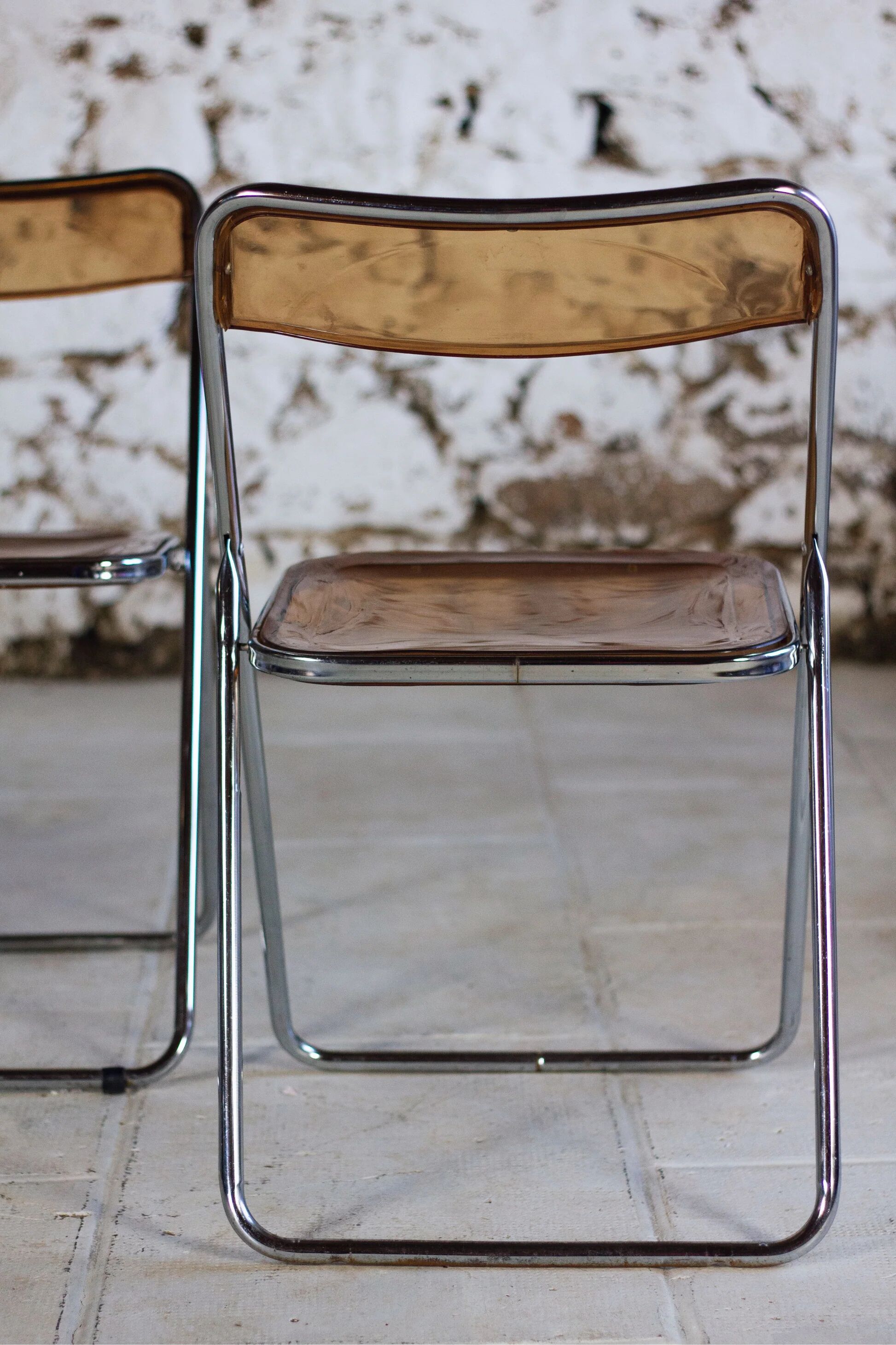 Set of 3 folding chairs in plexiglass and chrome, 1970.