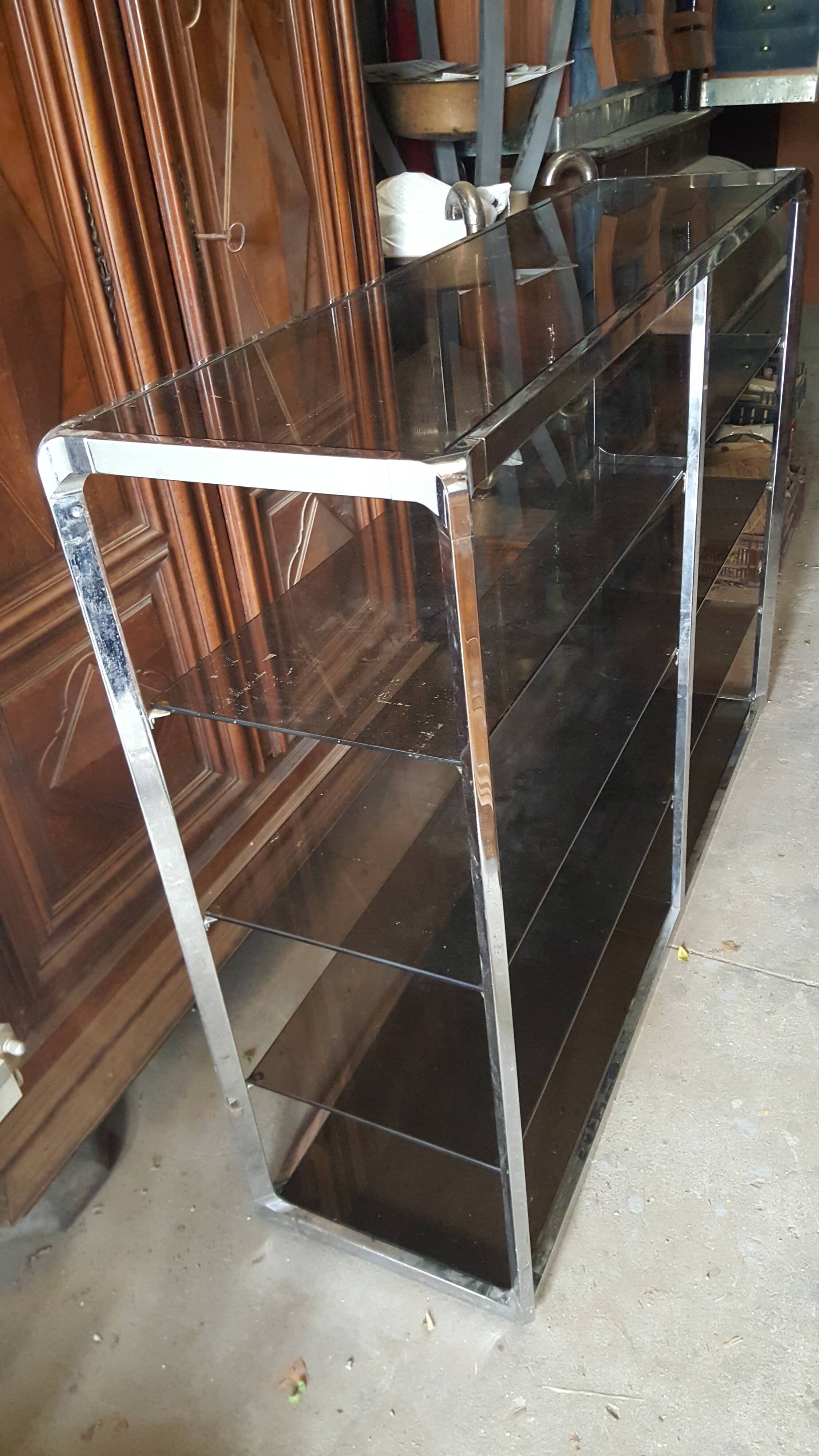 Large double shelf in chrome and smoked glass, 1970s, by Fratelli