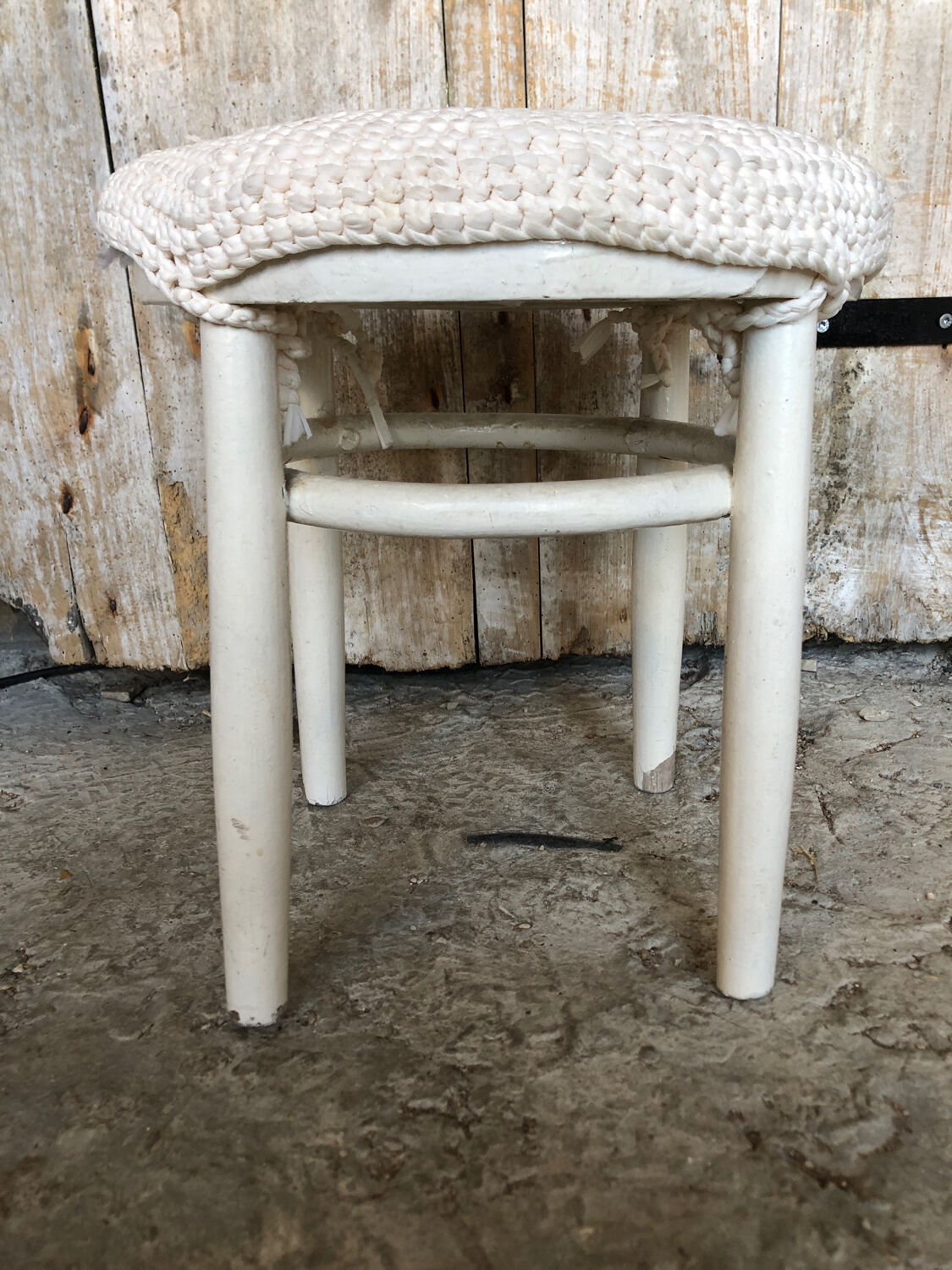 White wooden stool + vintage wool seat #a294