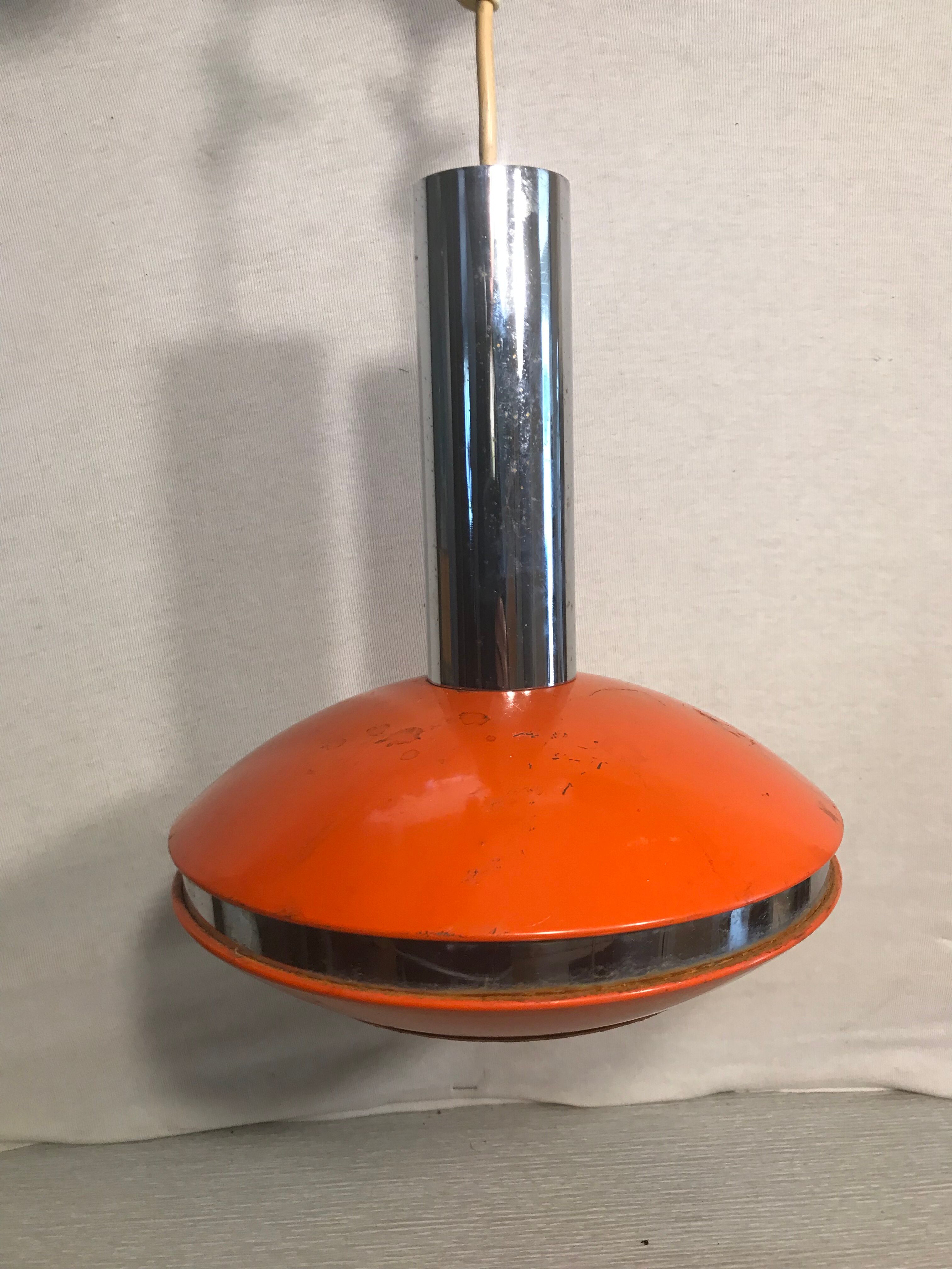 Old hanging UFO Saucer Metal Orange - Chrome Tube 70S Vintage