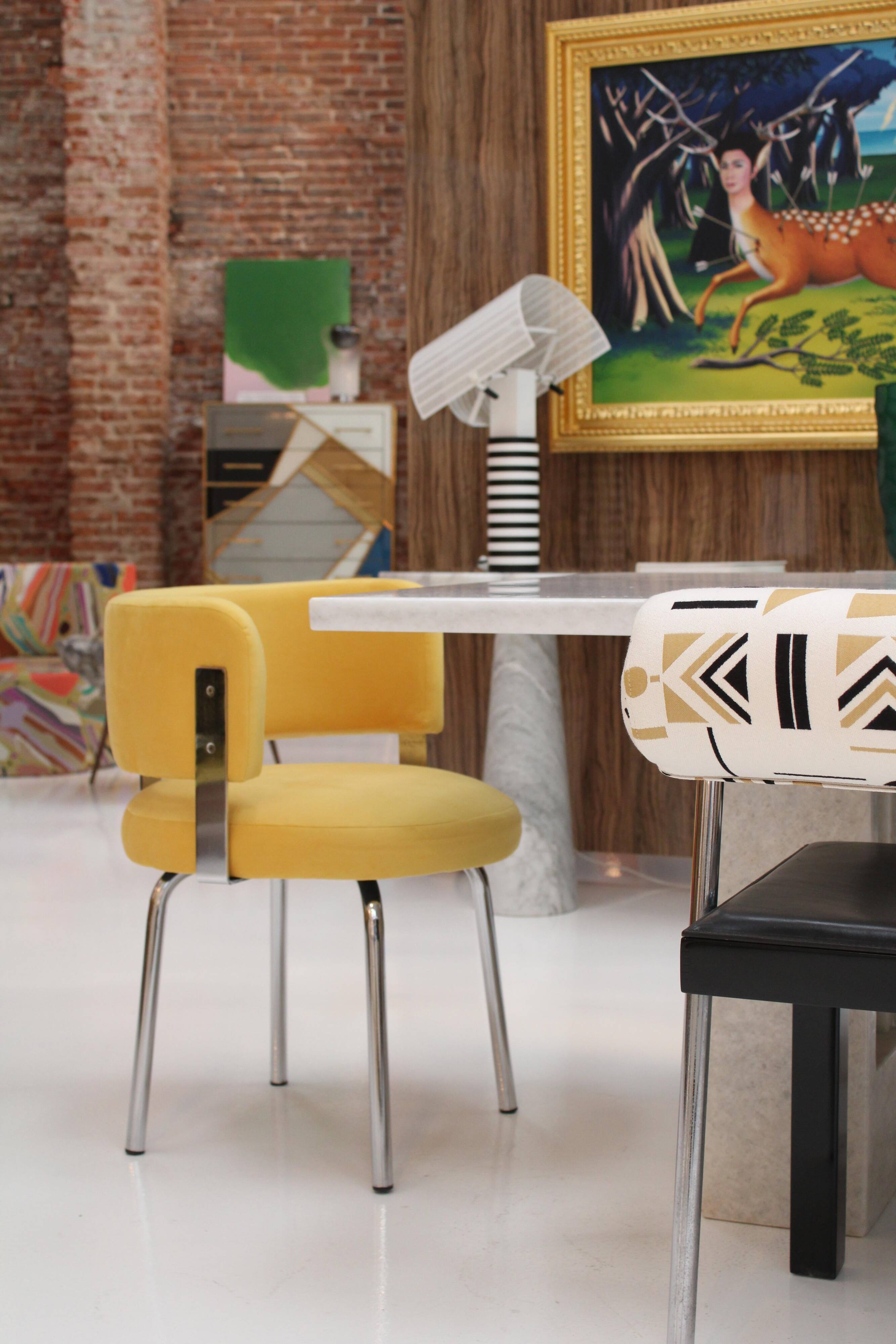 Italian Bauhaus Chairs by Pizzi Arredamenti, Steel Frame and Yellow Velvet, 1970