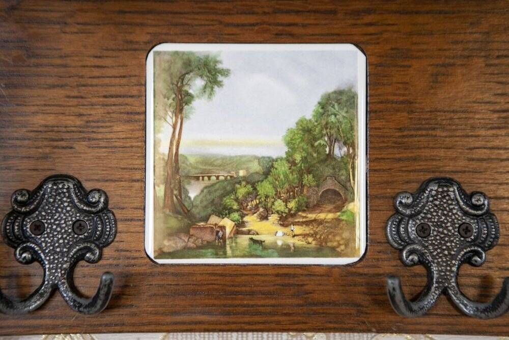 Early 20th Century Dutch Oak Wall Coat Rack with Decorative Tiles, 1950s