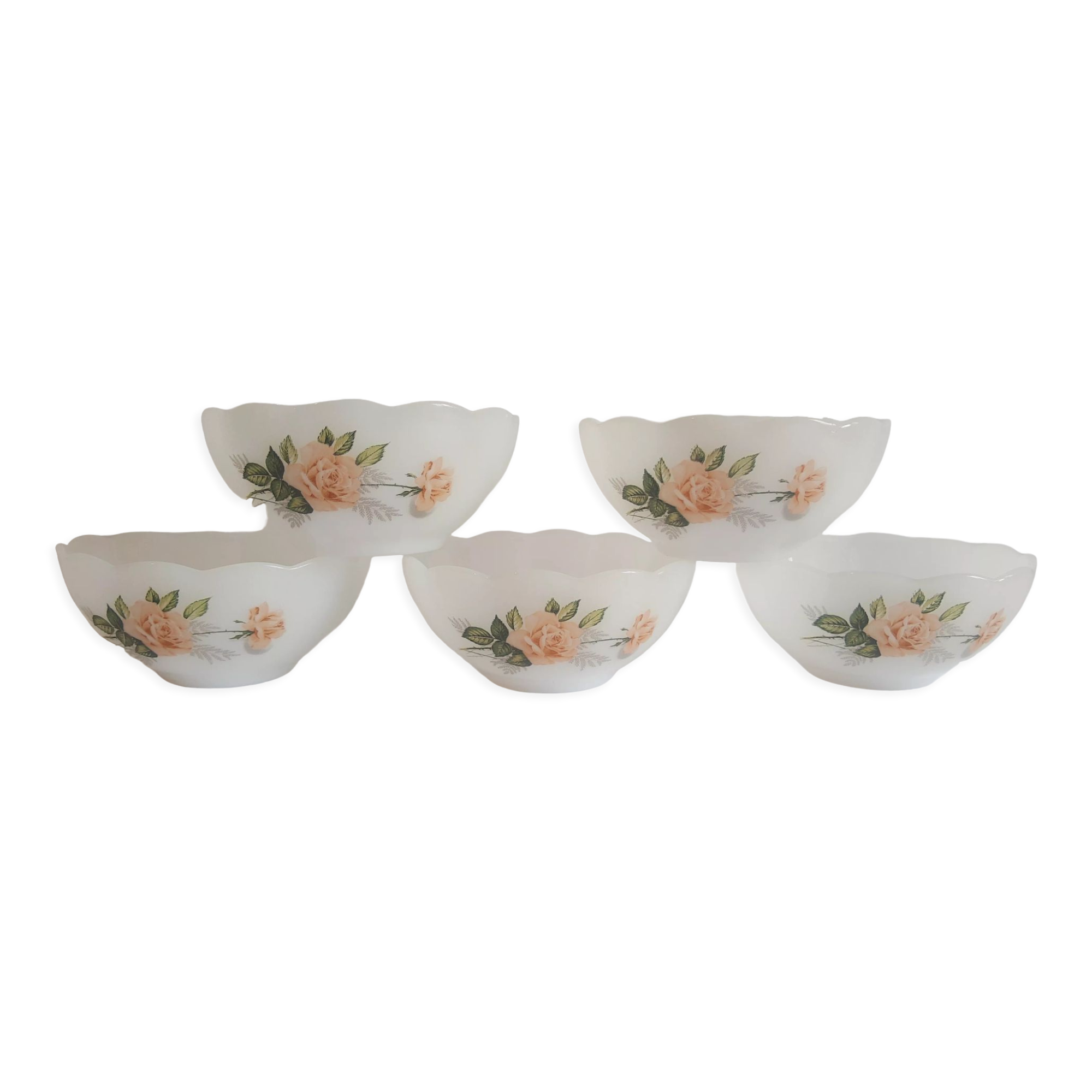 Set of 5 ramekins opaline Arcopal France roses 60s vintage